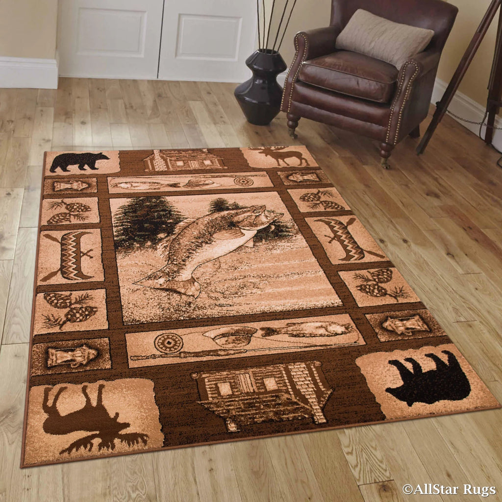 Brown Prints Fish Acorns Bear Cabin Moose Wildlife Area Rug (3' 9" x 5' 1") Q870059