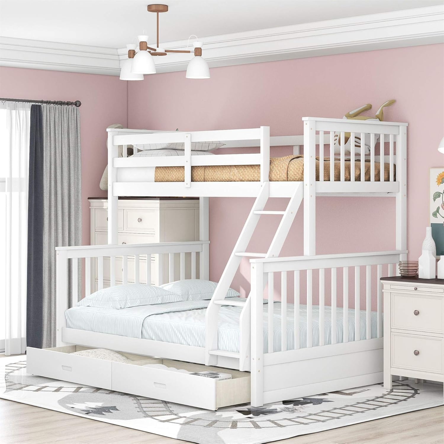 Grey Wooden Full Over Full Bunk Bed with Twin Trundle and Stairs D5085