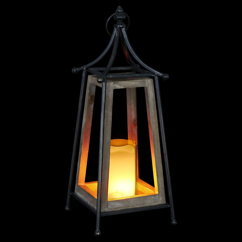 Antiqued Wood and Metal Tented Candle Lantern with LED Candle, 20.5 Inches, Natural, Beige X7132