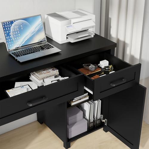 61'' Executive Desk with 5 Drawers, Rustic Wood Desk, Pure Black B209416