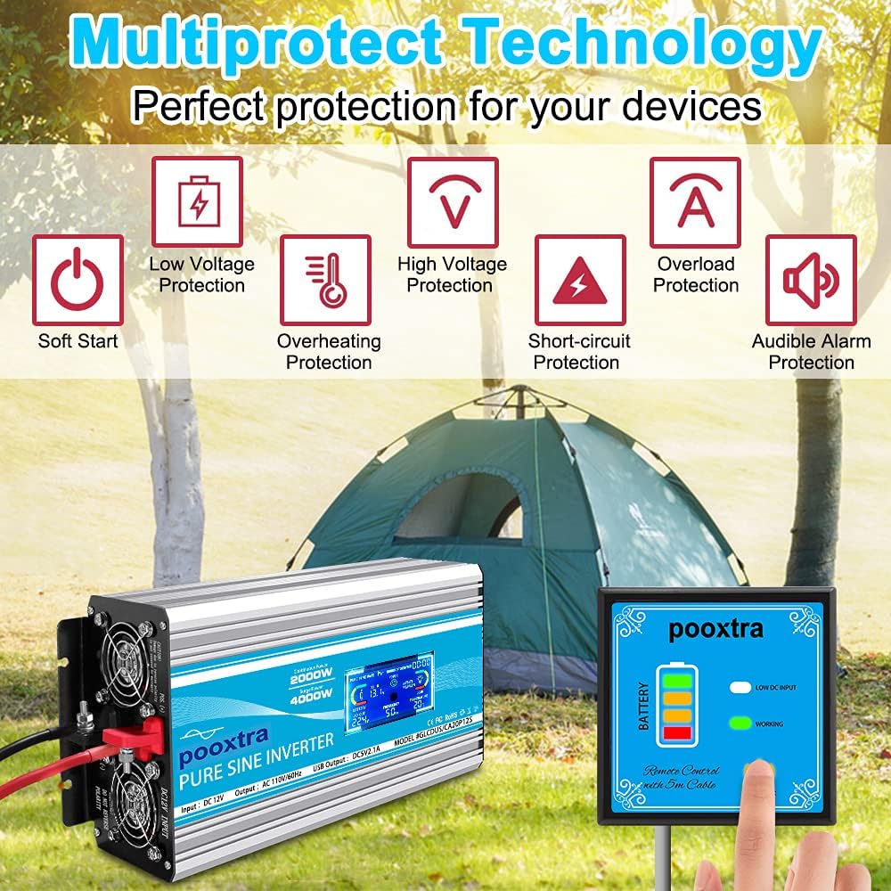 2000 Watt Pure Sine Wave Power Inverter 12V DC to 110V AC with LCD Display USB Port 4 AC Outlets P988979