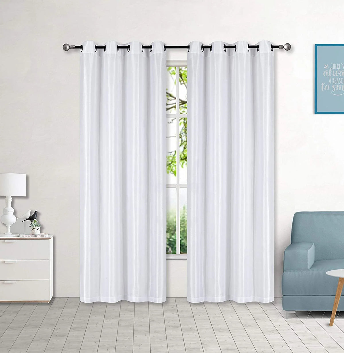 White 2 Panel Faux Silk Solid Curtain Drapes with Bronze Grommet 108" x 63" L M4163