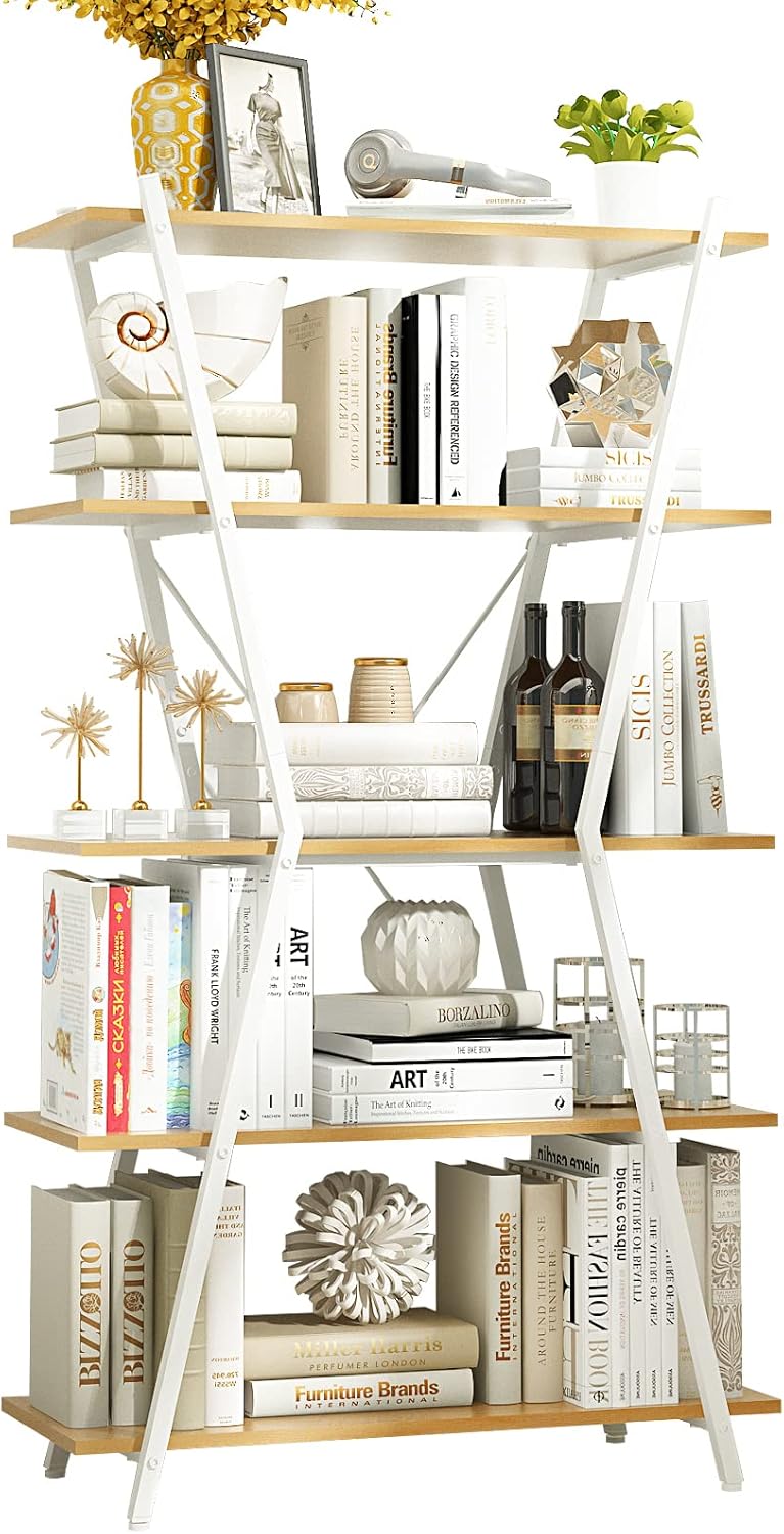 Industrial Bookshelf 5 Tier Rustic Wood Etagere Bookcase with Metal Frame, Oak K79791