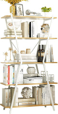 Industrial Bookshelf 5 Tier Rustic Wood Etagere Bookcase with Metal Frame, Oak K79791