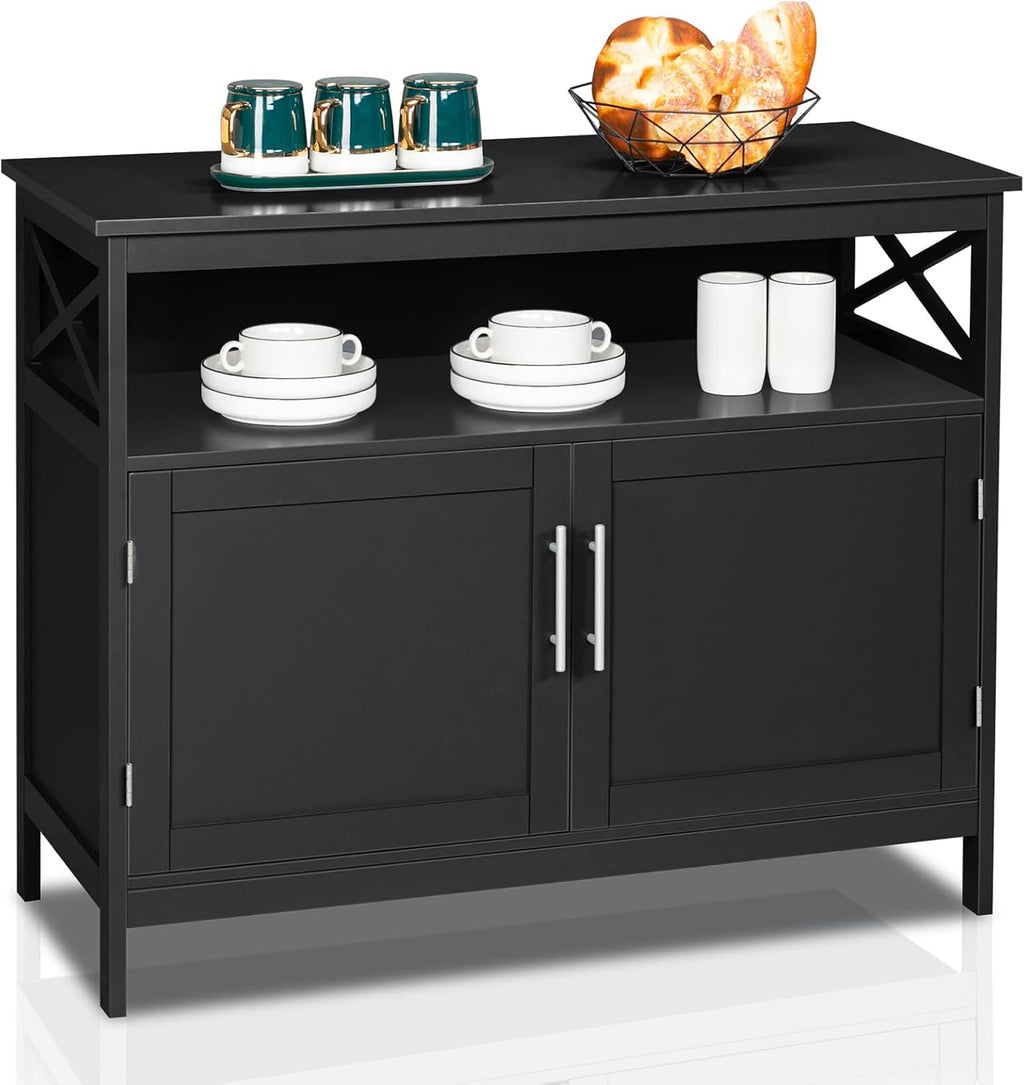 White Buffet Table with Storage Cabinet and Open Shelf T492901