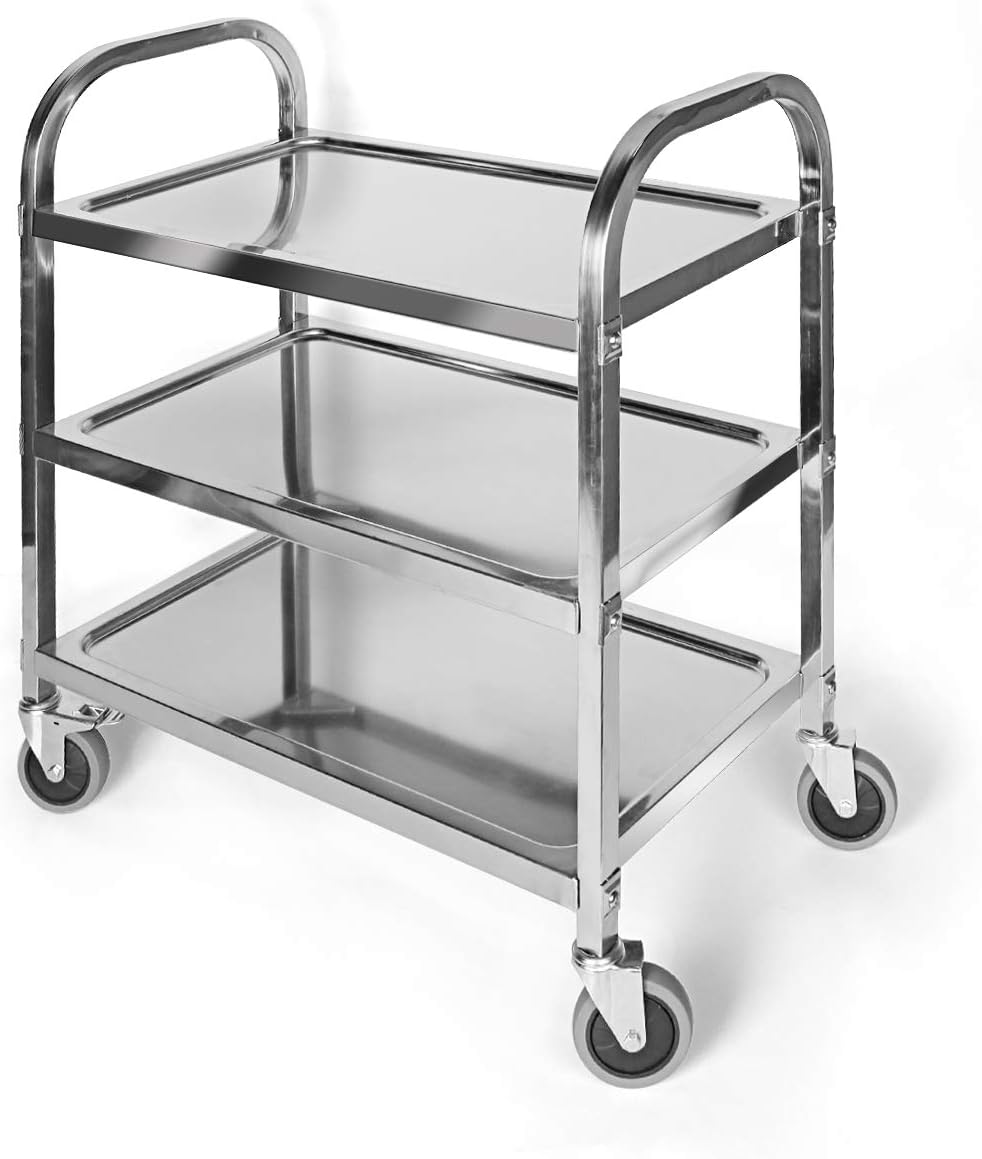 3 Tier Stainless Steel Utility Cart with Wheels Serving Trolley Storage Shelf Q5796