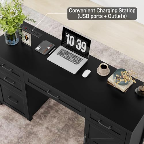 61'' Executive Desk with 5 Drawers, Rustic Wood Desk, Pure Black B209416