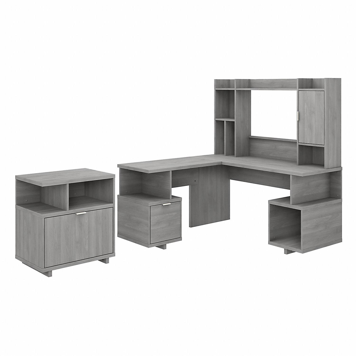 Gray L Shaped Desk with Hutch and Lateral File Cabinet I868