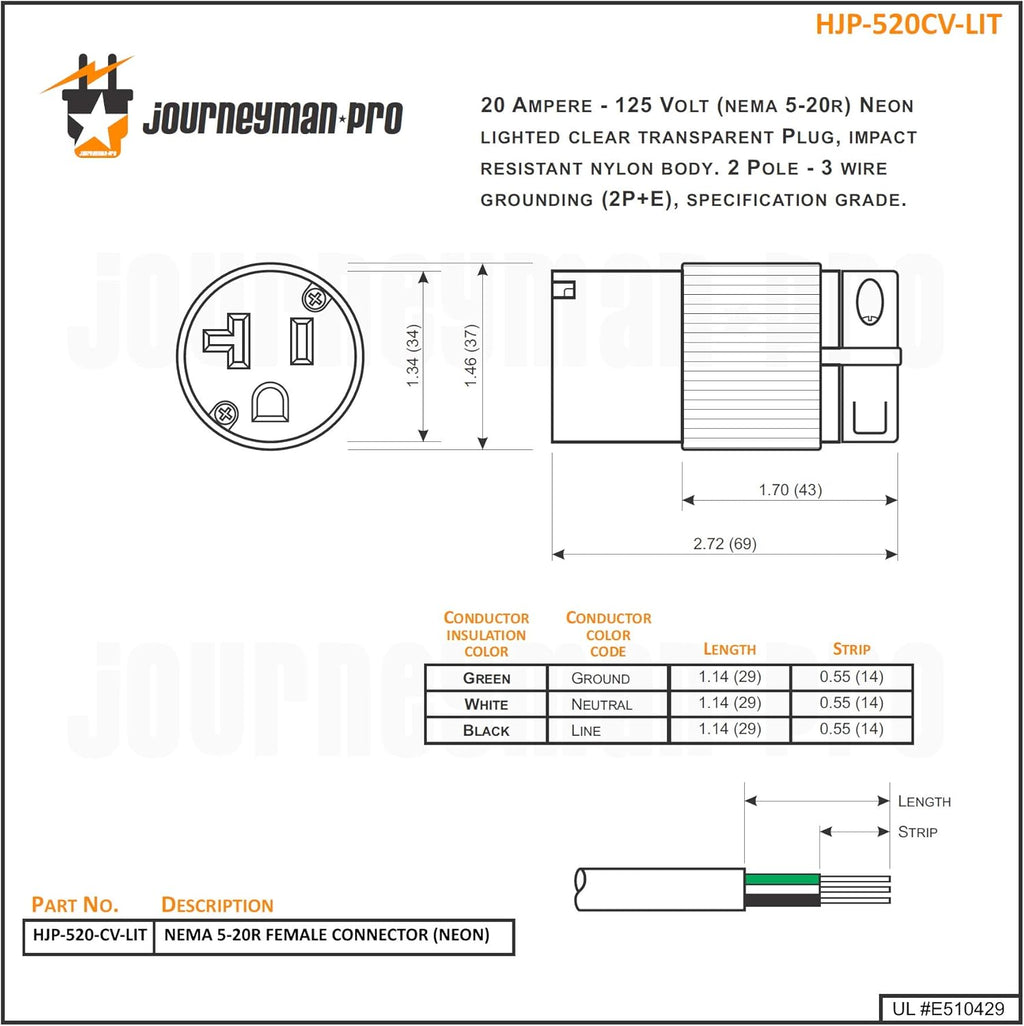 Lighted 20 Amp 120-125 Volt NEMA 5-20R Straight Blade Female Plug Connector Outlet, PVC, 10-PACK T99921