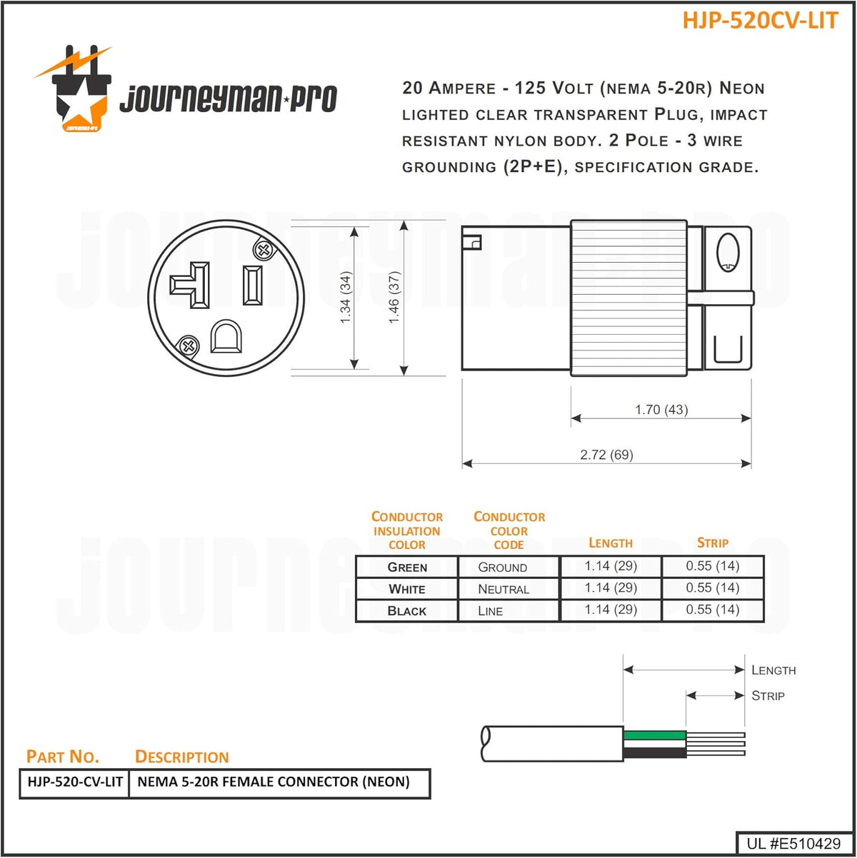 Lighted 20 Amp 120-125 Volt NEMA 5-20R Straight Blade Female Plug Connector Outlet, PVC, 10-PACK T99921