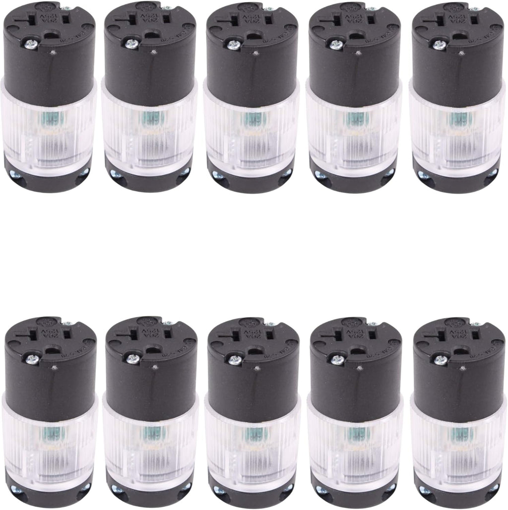 Lighted 20 Amp 120-125 Volt NEMA 5-20R Straight Blade Female Plug Connector Outlet, PVC, 10-PACK T99921