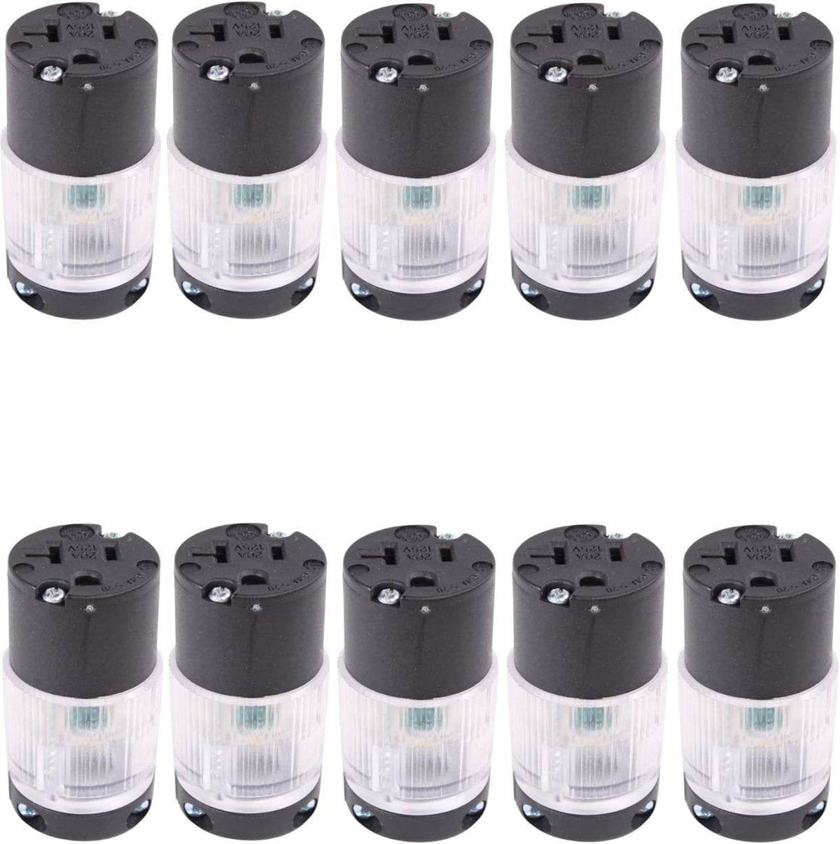 Lighted 20 Amp 120-125 Volt NEMA 5-20R Straight Blade Female Plug Connector Outlet, PVC, 10-PACK T99921