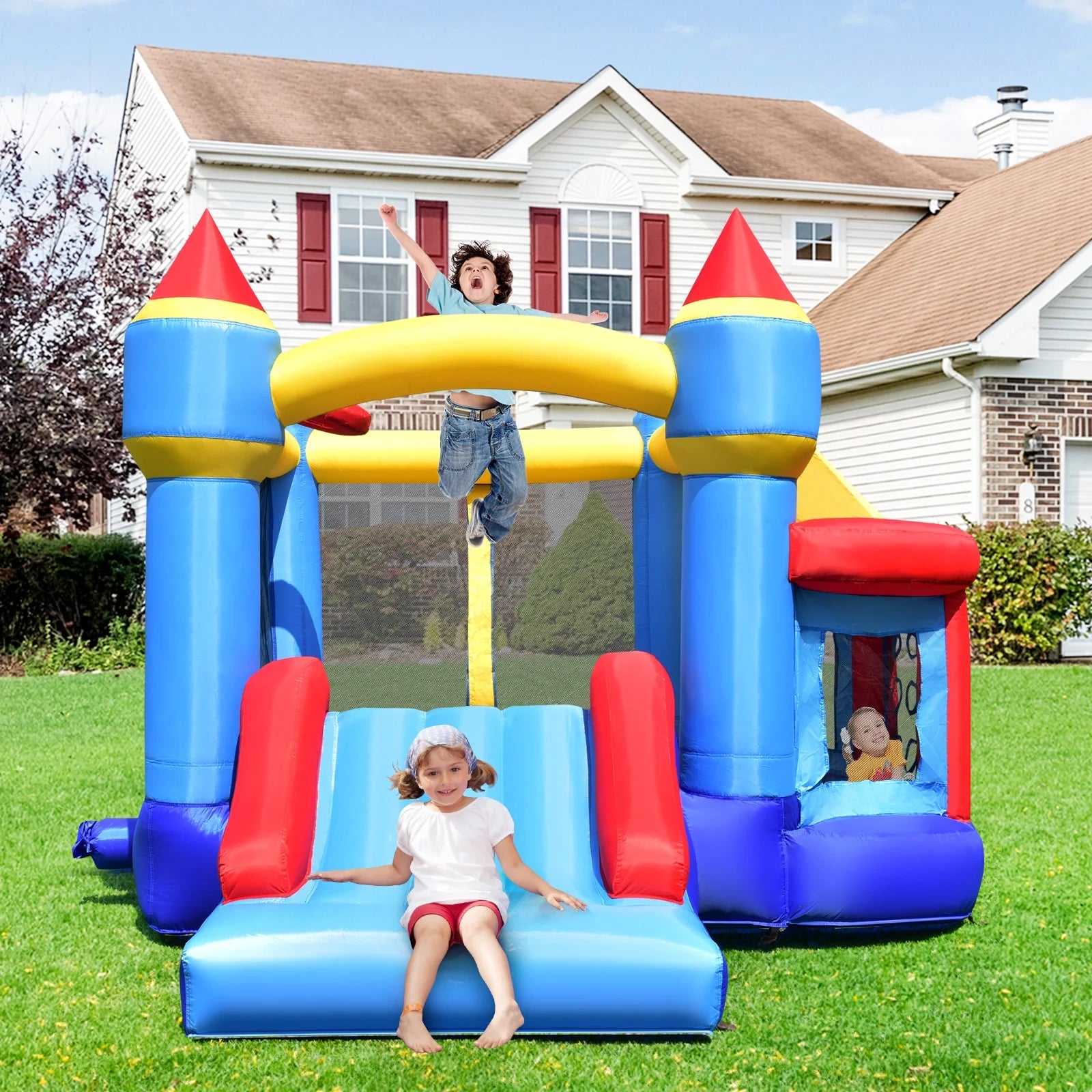 Inflatable Bounce House Castle Slide Bouncer with Basketball Hoop J615
