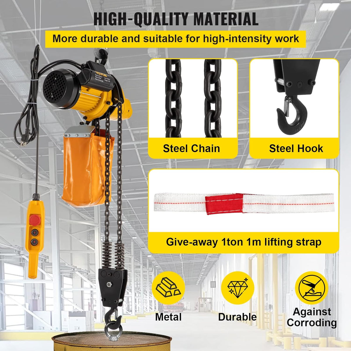 2200lbs Electric Chain Hoist with 3 m Wired Remote Control, 110V, 1300W E9869