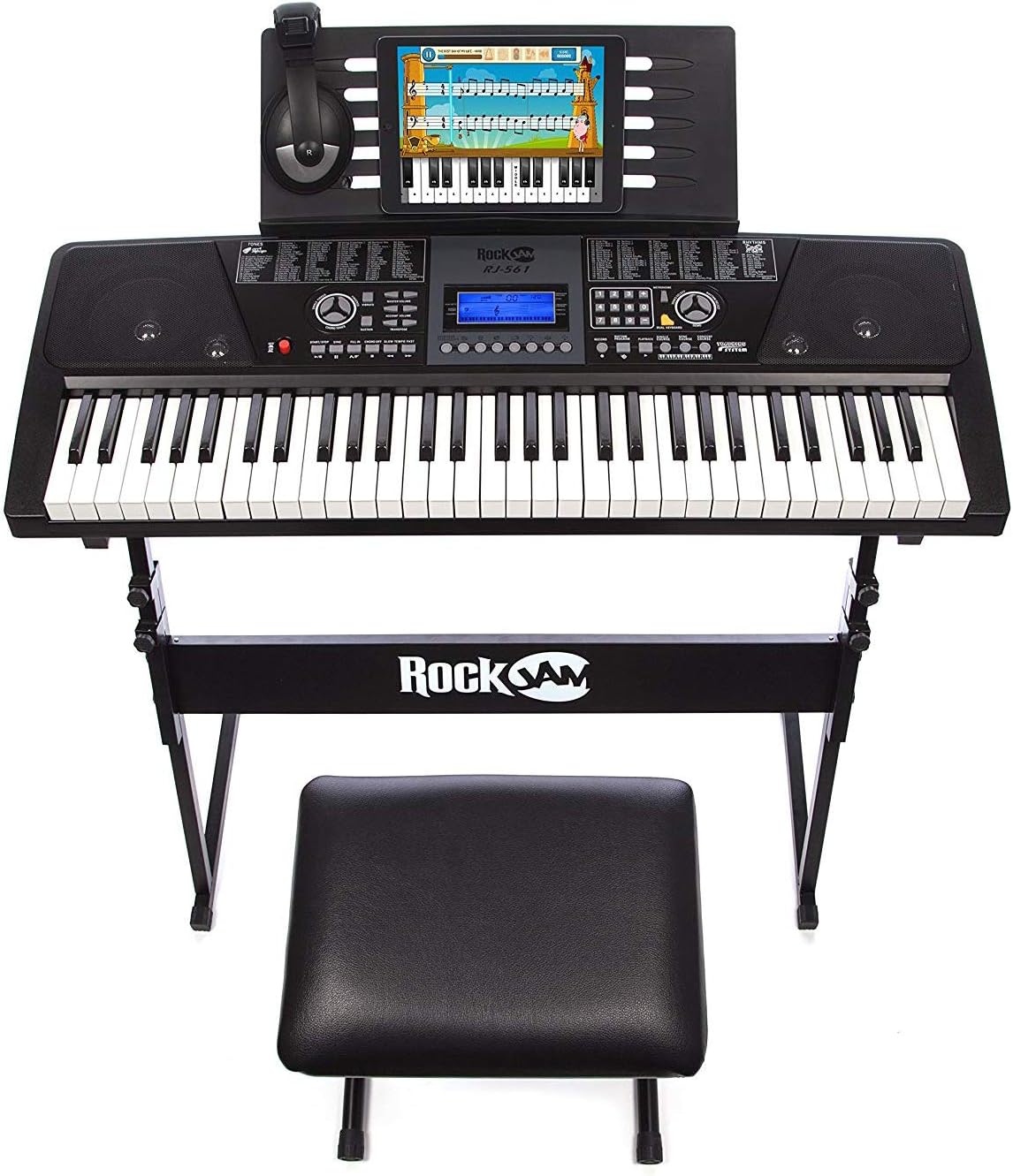 61 Key Keyboard Piano With LCD Display Kit, Keyboard Stand, Piano Bench, Headphones, Keynote Stickers J288655