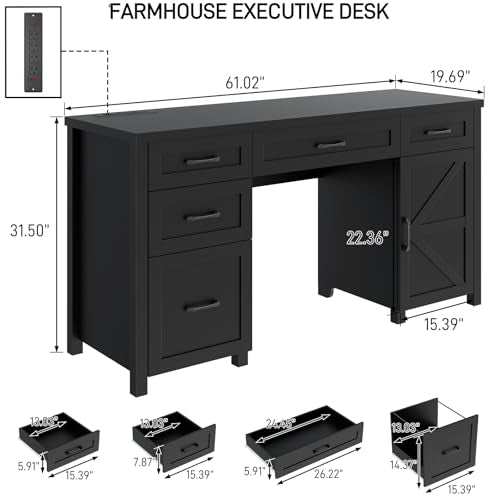 61'' Executive Desk with 5 Drawers, Rustic Wood Desk, Pure Black B209416