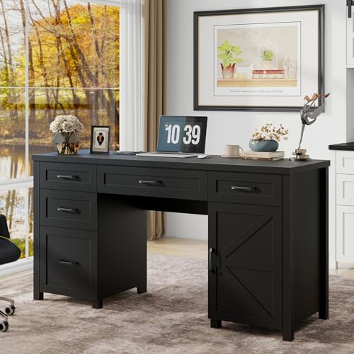 61'' Executive Desk with 5 Drawers, Rustic Wood Desk, Pure Black B209416