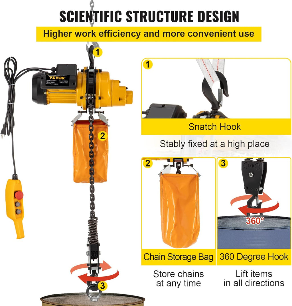 2200lbs Electric Chain Hoist with 3 m Wired Remote Control, 110V, 1300W E9869