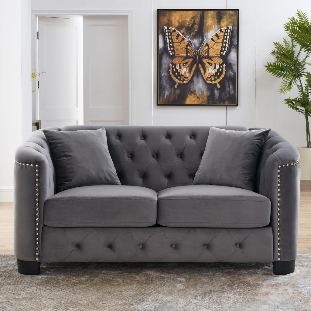 Grey Velvet Small Sofa with 2 Seat Cushions and 2 Throw Pillows N39425
