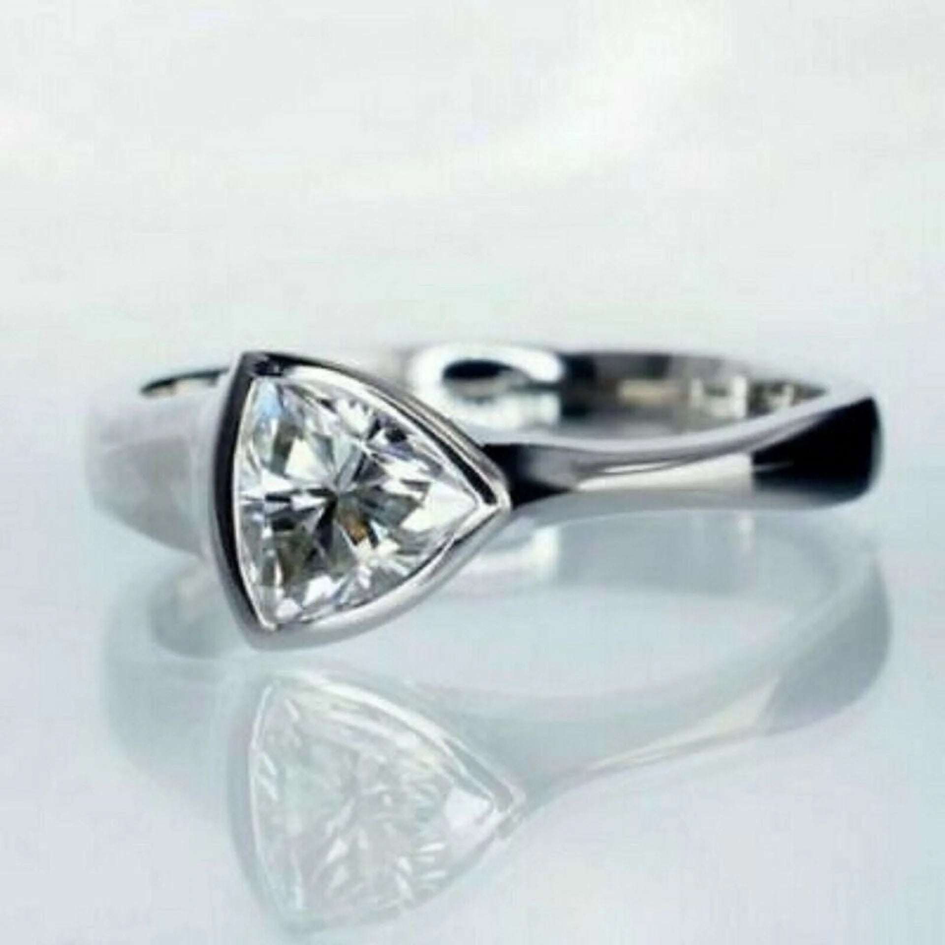 Trillion Cut Moissanite Bezel Set Engagement Ring 14k White Gold Plated I489314