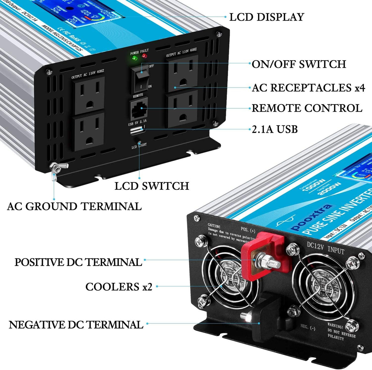 2000 Watt Pure Sine Wave Power Inverter 12V DC to 110V AC with LCD Display USB Port 4 AC Outlets P988979