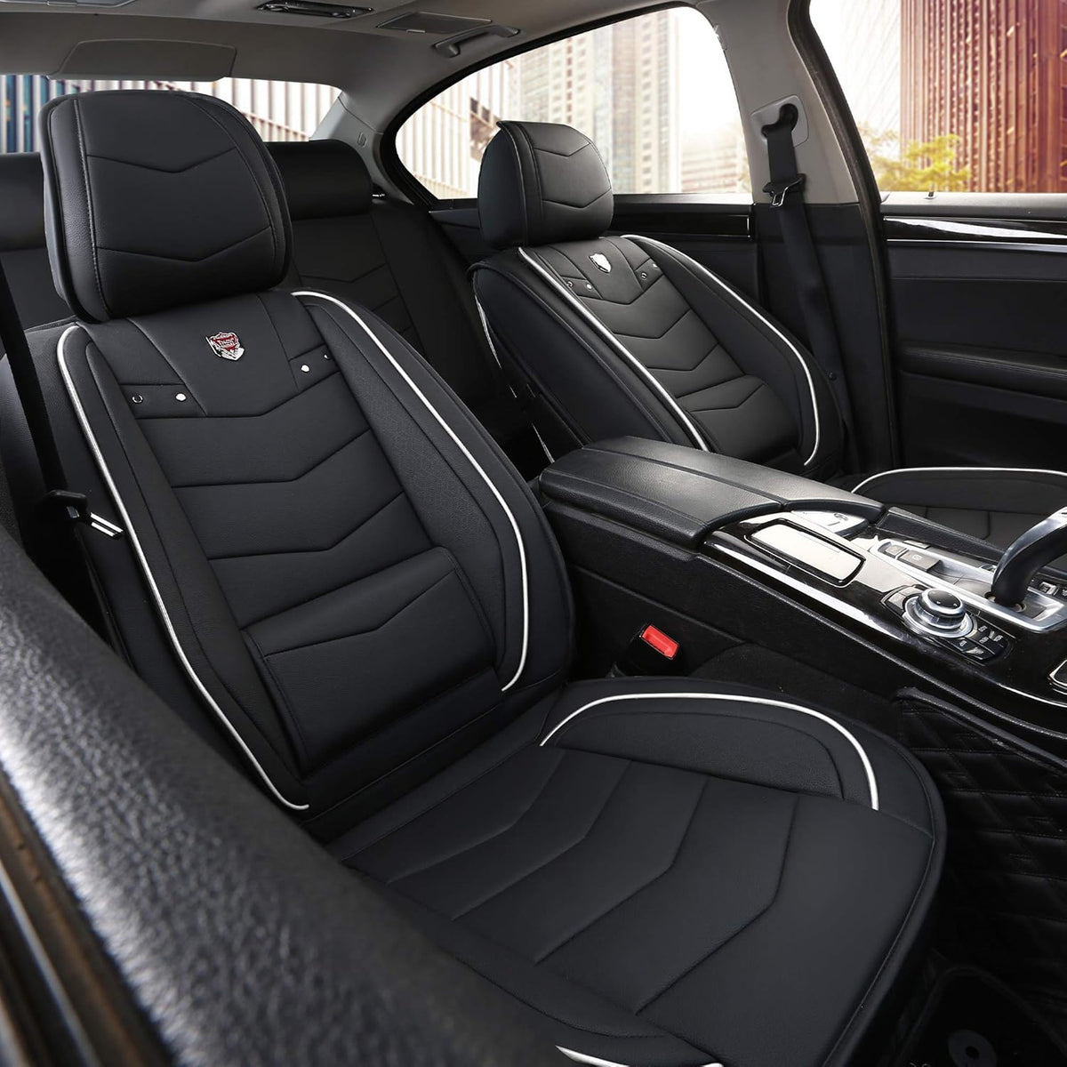Black with White Trim Full Set Car Seat Cover N88787