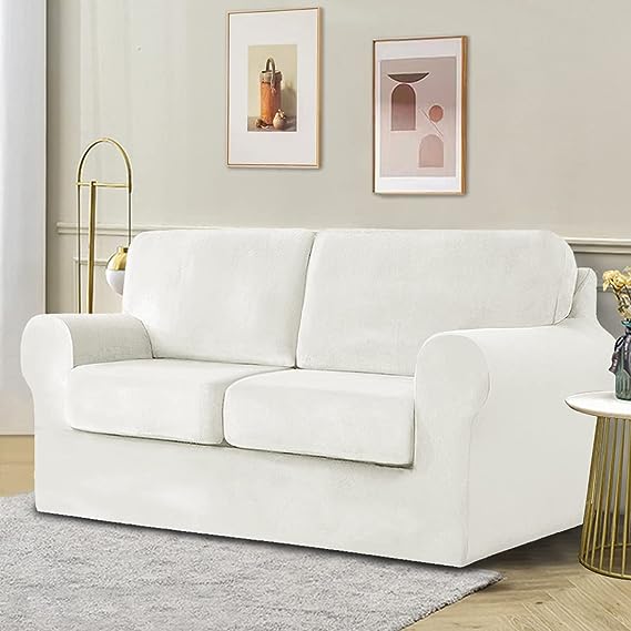 White 2 Seat Stretch Sofa Slipcover with Backrest and Cushion Covers P531709