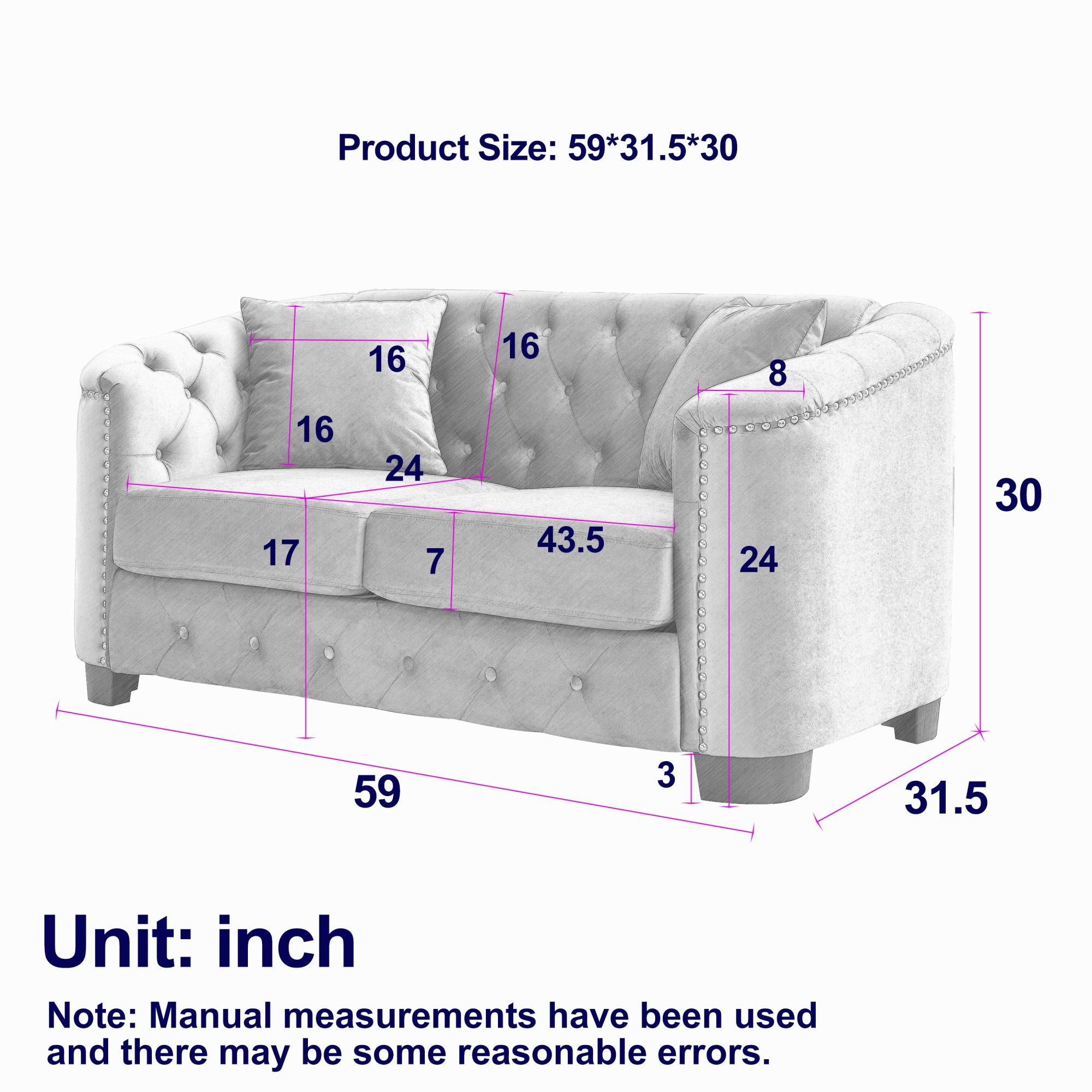 Grey Velvet Small Sofa with 2 Seat Cushions and 2 Throw Pillows N39425
