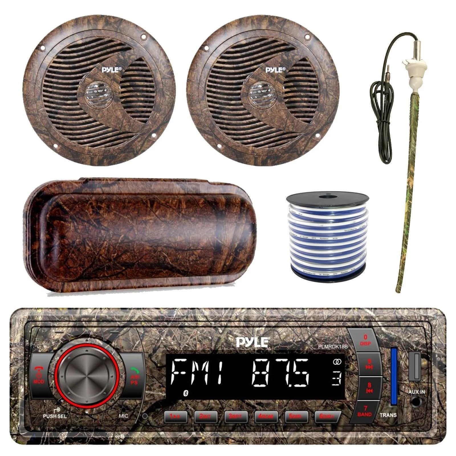Single-DIN Bluetooth MP3 USB AUX Camo AM/FM Radio, 6.5 Inch Waterproof Camo Speakers, Stereo Shield Cover A80148