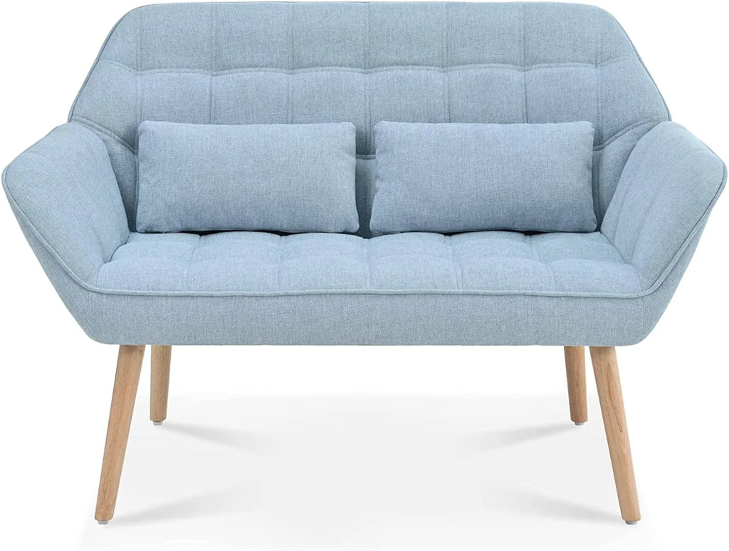 Light Blue Linen Fabric Loveseat Sofa with 2 Pillows Wood Legs U2462