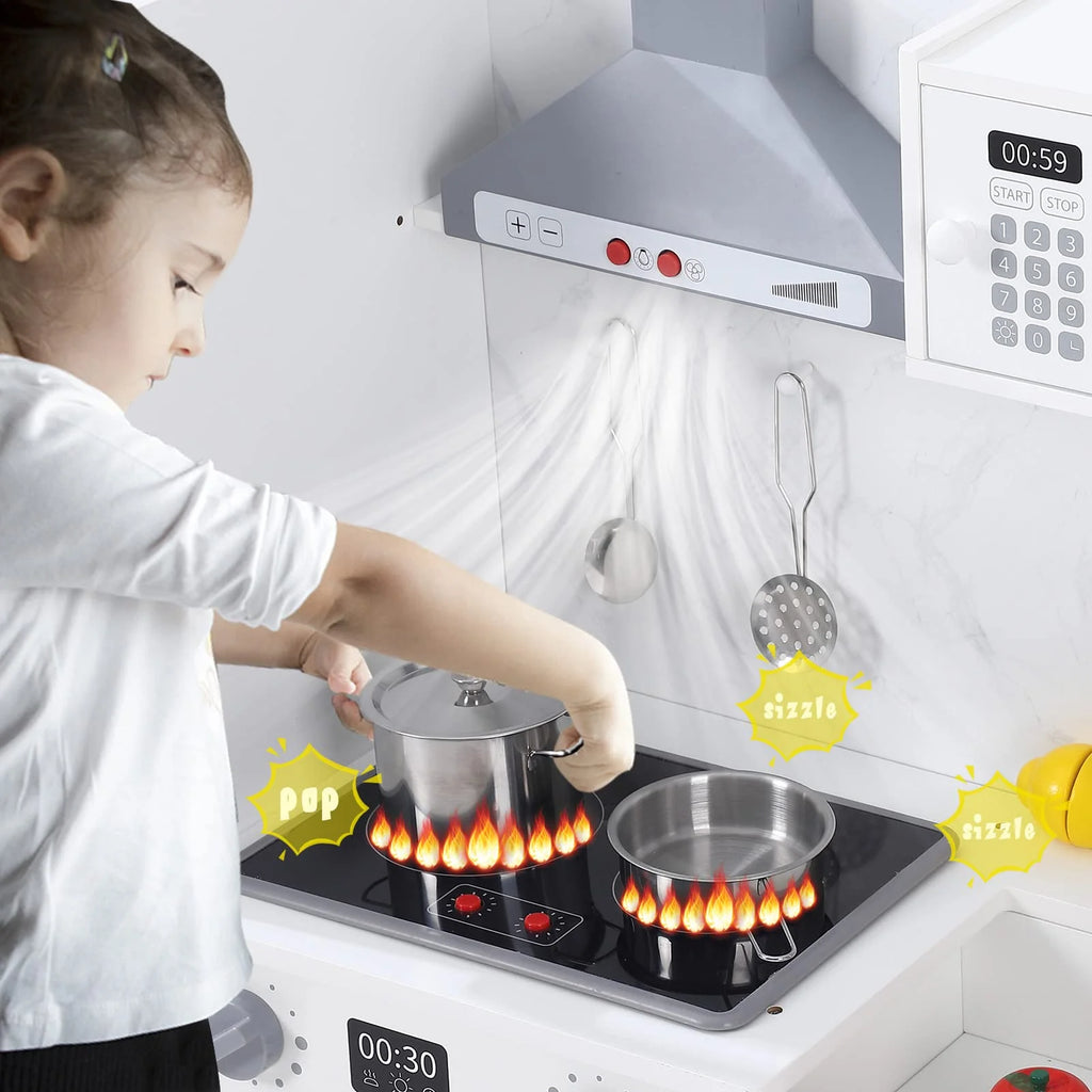 White Wooden Kids Kitchen Playset with 20 PCS Cookware Accessories G835