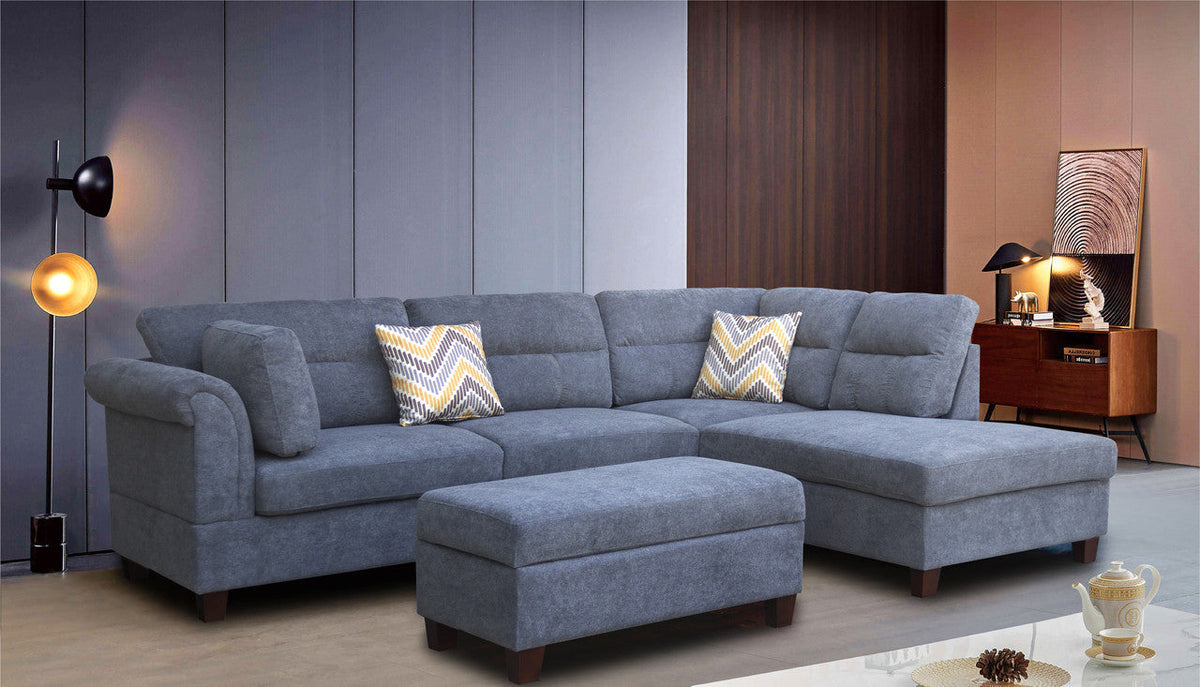 Gray Fabric Sectional Sofa with Ottoman and 2 Pillows E4382