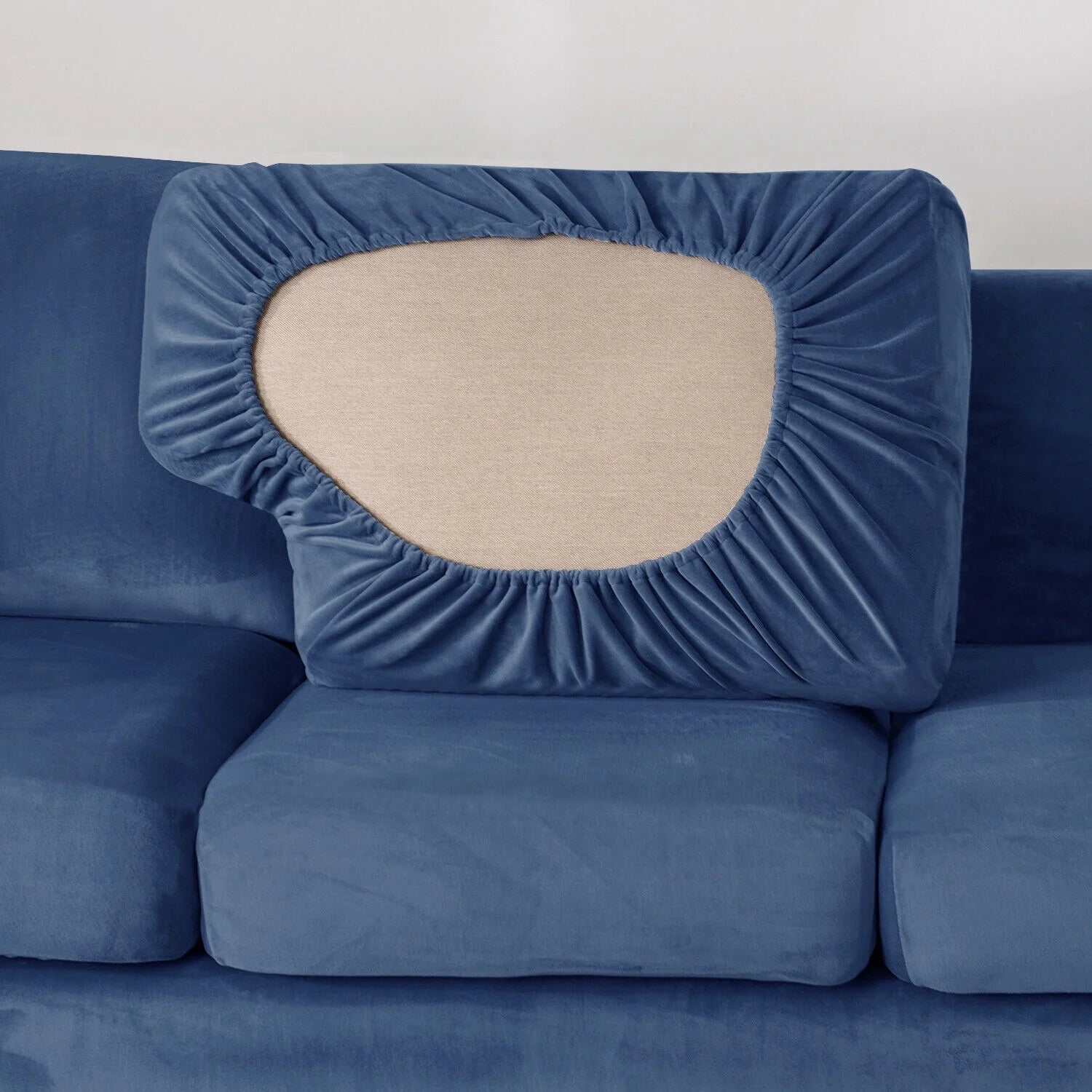 Dark Blue 3 Piece Stretch Velvet Sofa Slipcover O456298