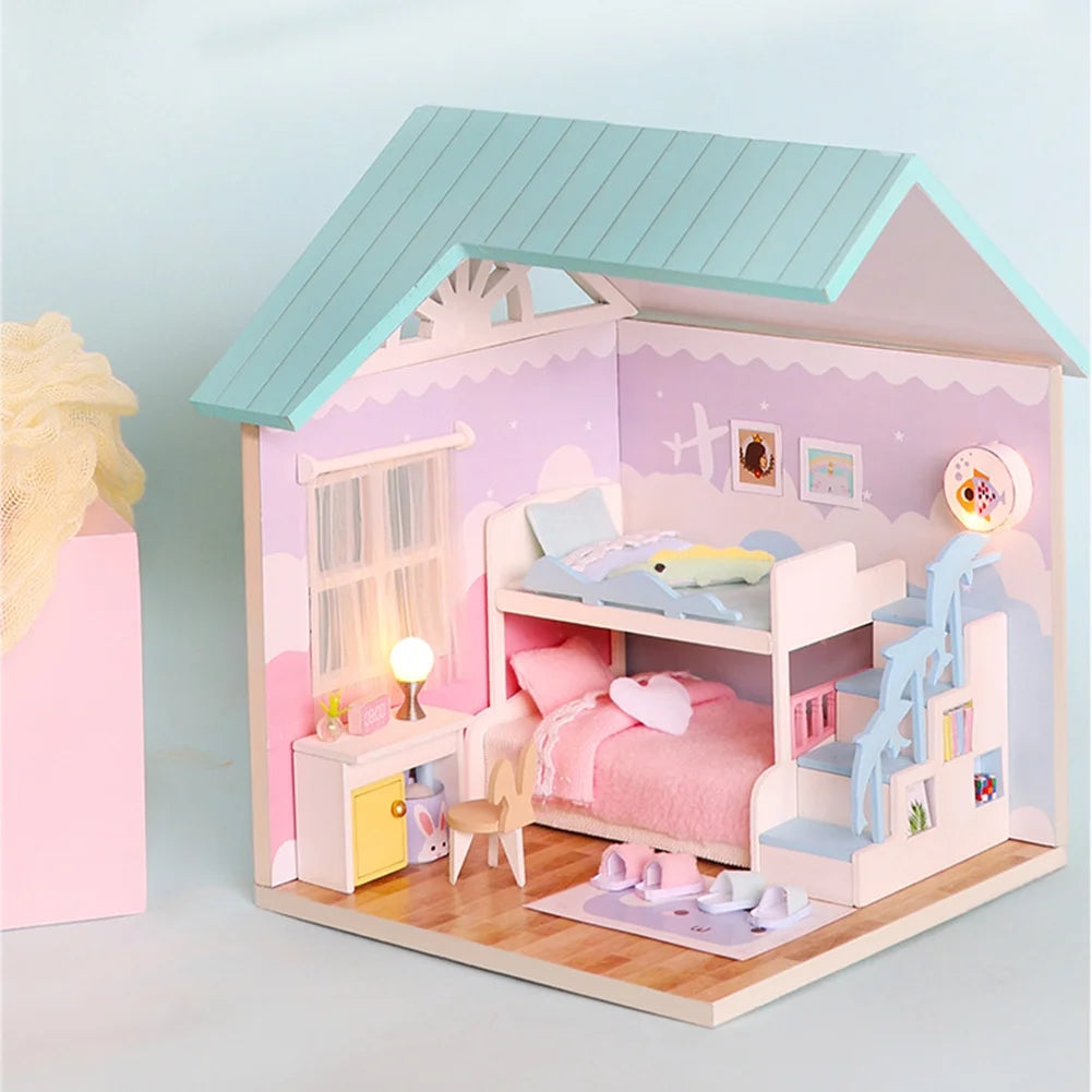 3D Wooden DIY Mini Doll House with Dust Cover Assembling Kids Toy A242990