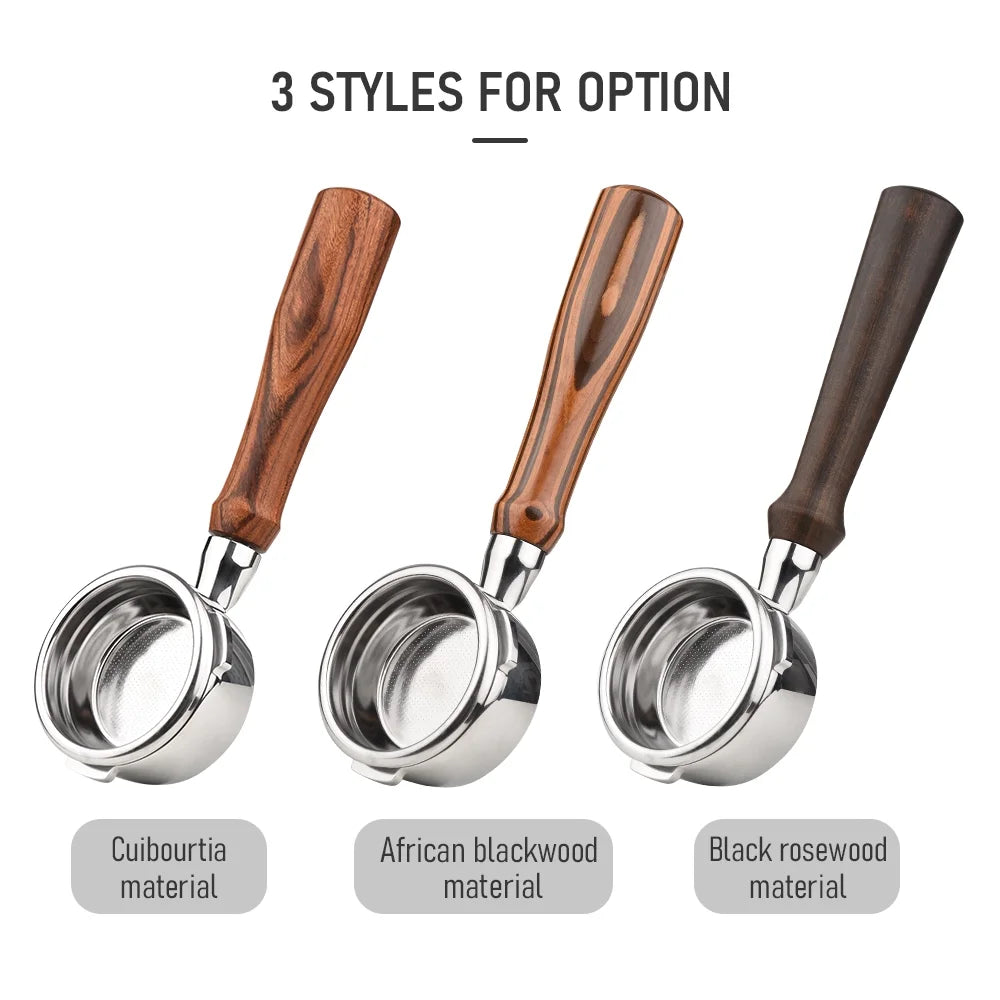 Stainless Steel Bottomless Naked Portafilter with Wooden Handle R9086