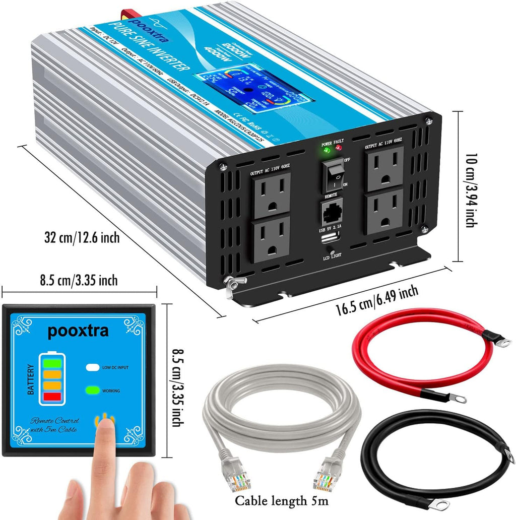 2000 Watt Pure Sine Wave Power Inverter 12V DC to 110V AC with LCD Display USB Port 4 AC Outlets P988979