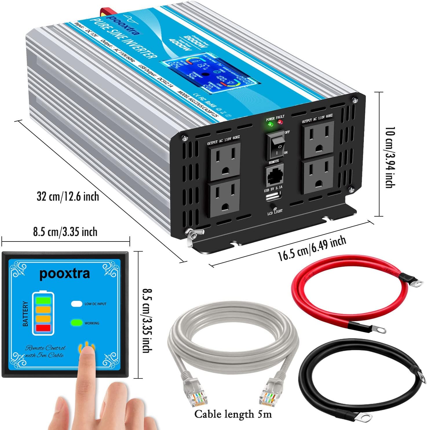 2000 Watt Pure Sine Wave Power Inverter 12V DC to 110V AC with LCD Display USB Port 4 AC Outlets P988979