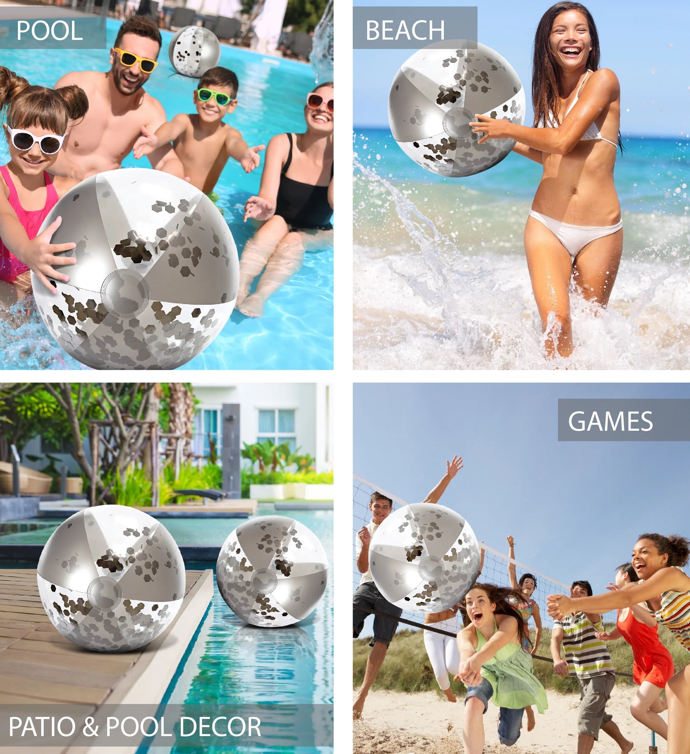 Silver & Gold Inflatable Beach Balls Set of 4, 16 Inch T3796