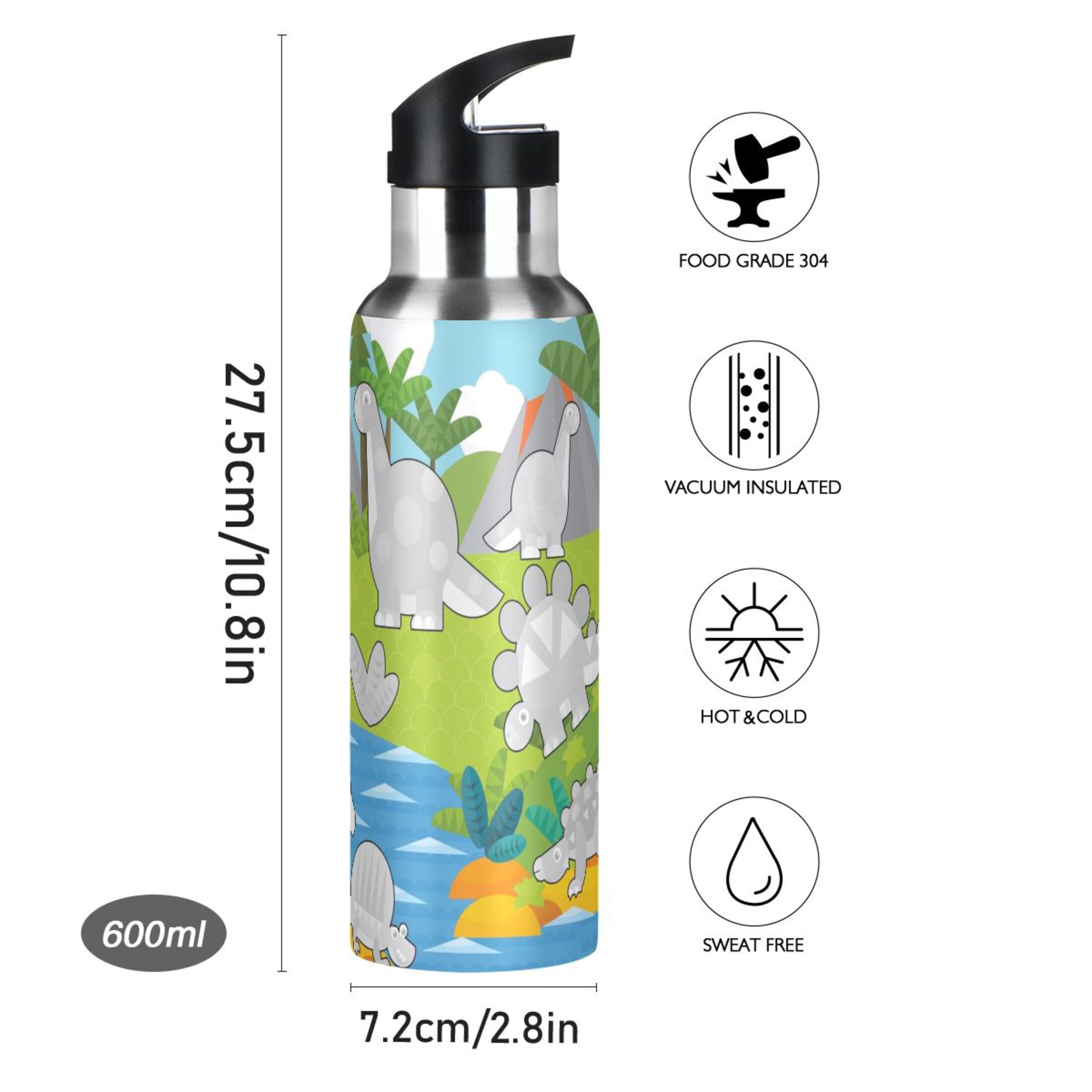 Gray Dinosaurs Stainless Steel Water Bottle with Straw Lid 20 OZ C742124