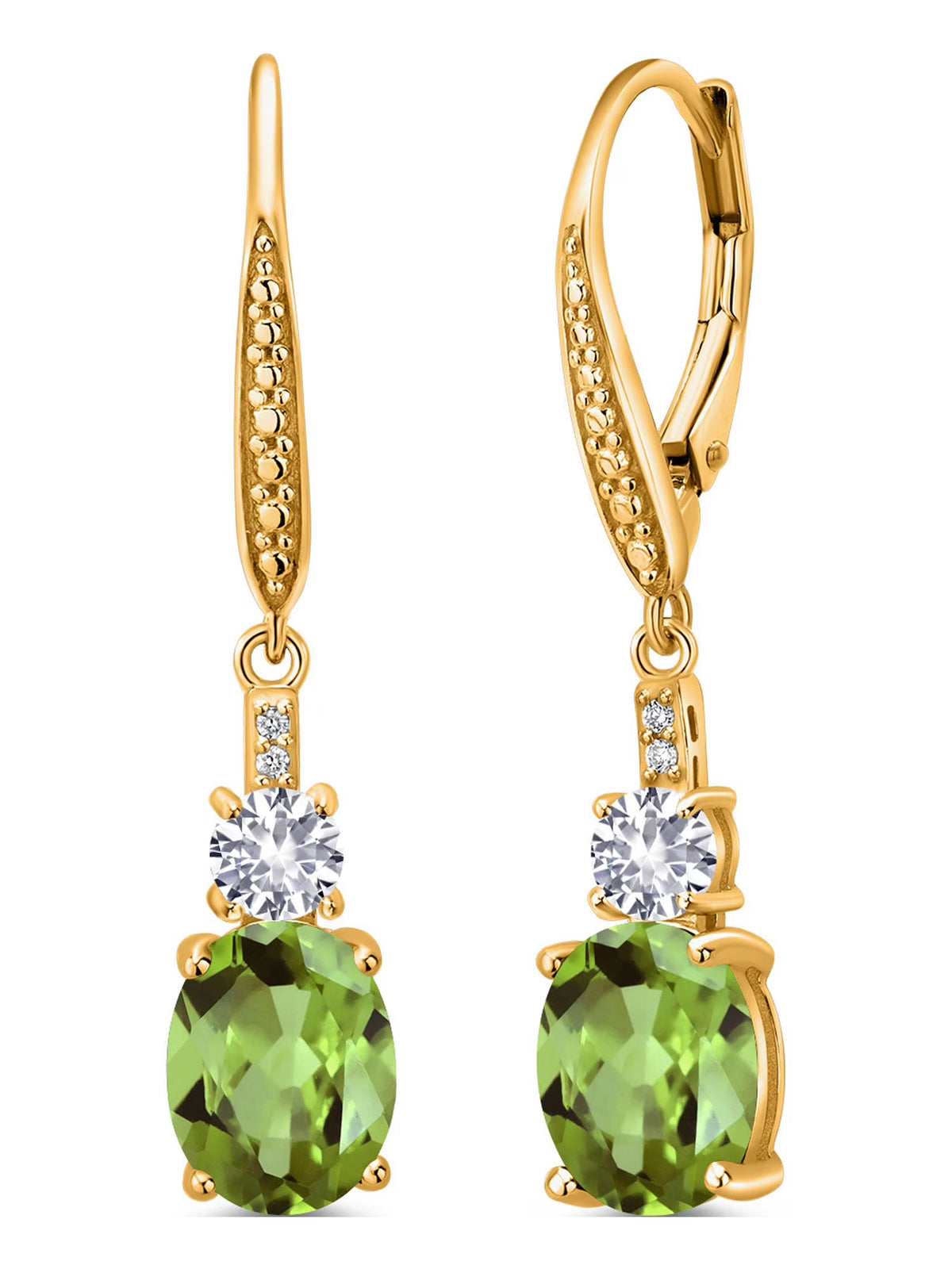 18K Yellow Gold Plated Silver Green Peridot and White Created Sapphire Dangle Earrings with Lab Grown Diamond Z76224
