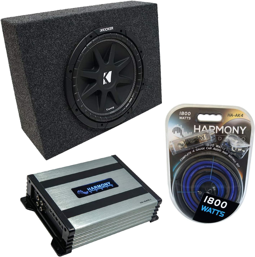 Kicker Bundle Compatible Universal Regular Standard Cab Truck C10 Comp Single 10 Loaded Sub Box Enclosure with Harmony HA-A400.1 Amplifier N831699