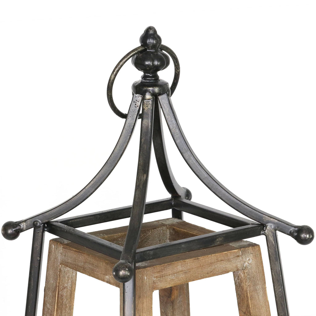 Antiqued Wood and Metal Tented Candle Lantern with LED Candle, 20.5 Inches, Natural, Beige X7132