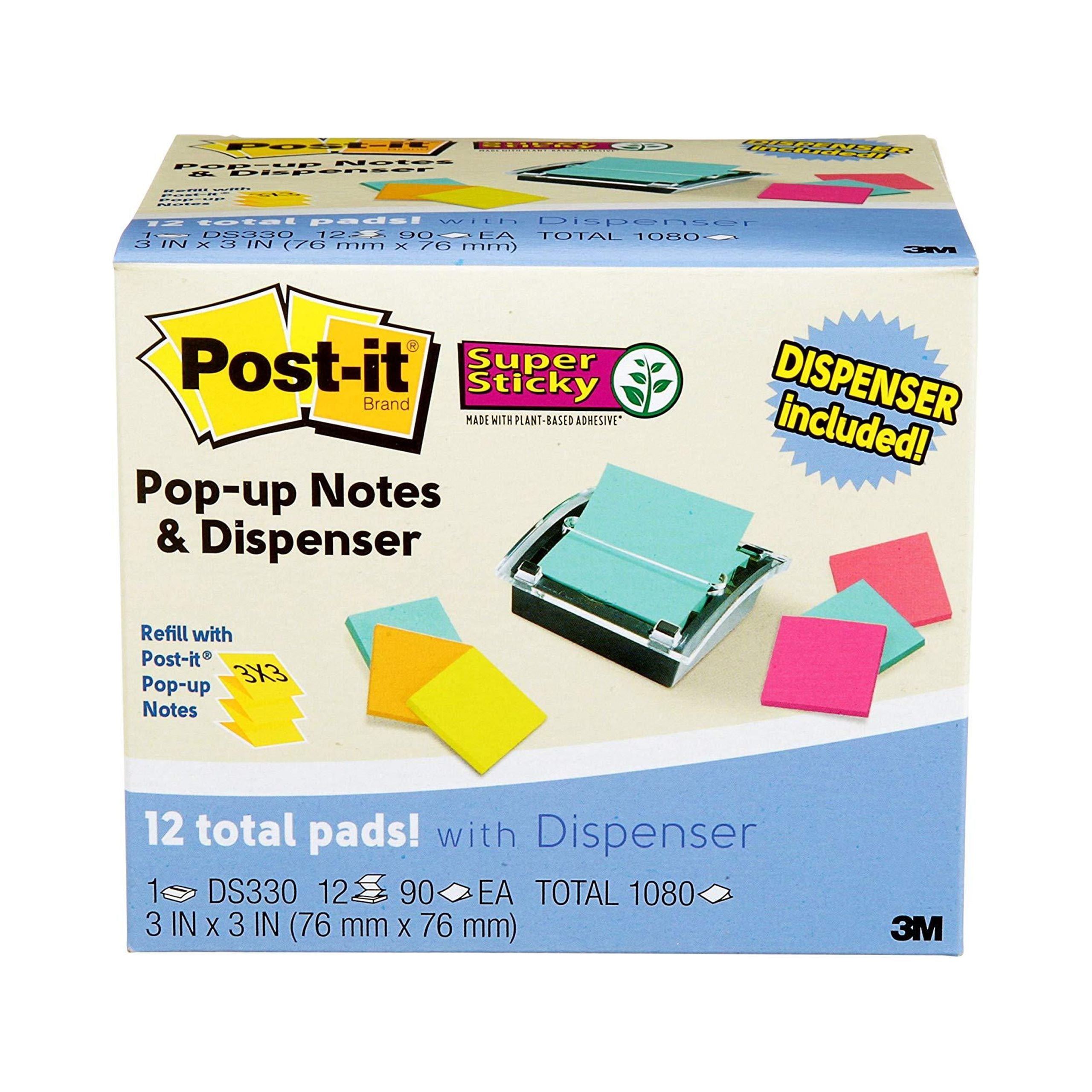 Super Sticky Note and Dispenser Value Pack, 3 x 3 Inches, 90-Sheet Pad (12 Pack) E196
