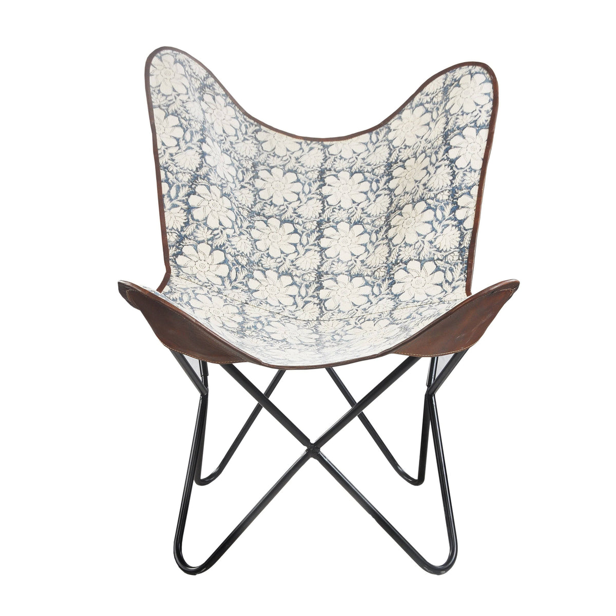 Blue/White/Brown Floral Canvas Faux Leather Butterfly Chair H565829