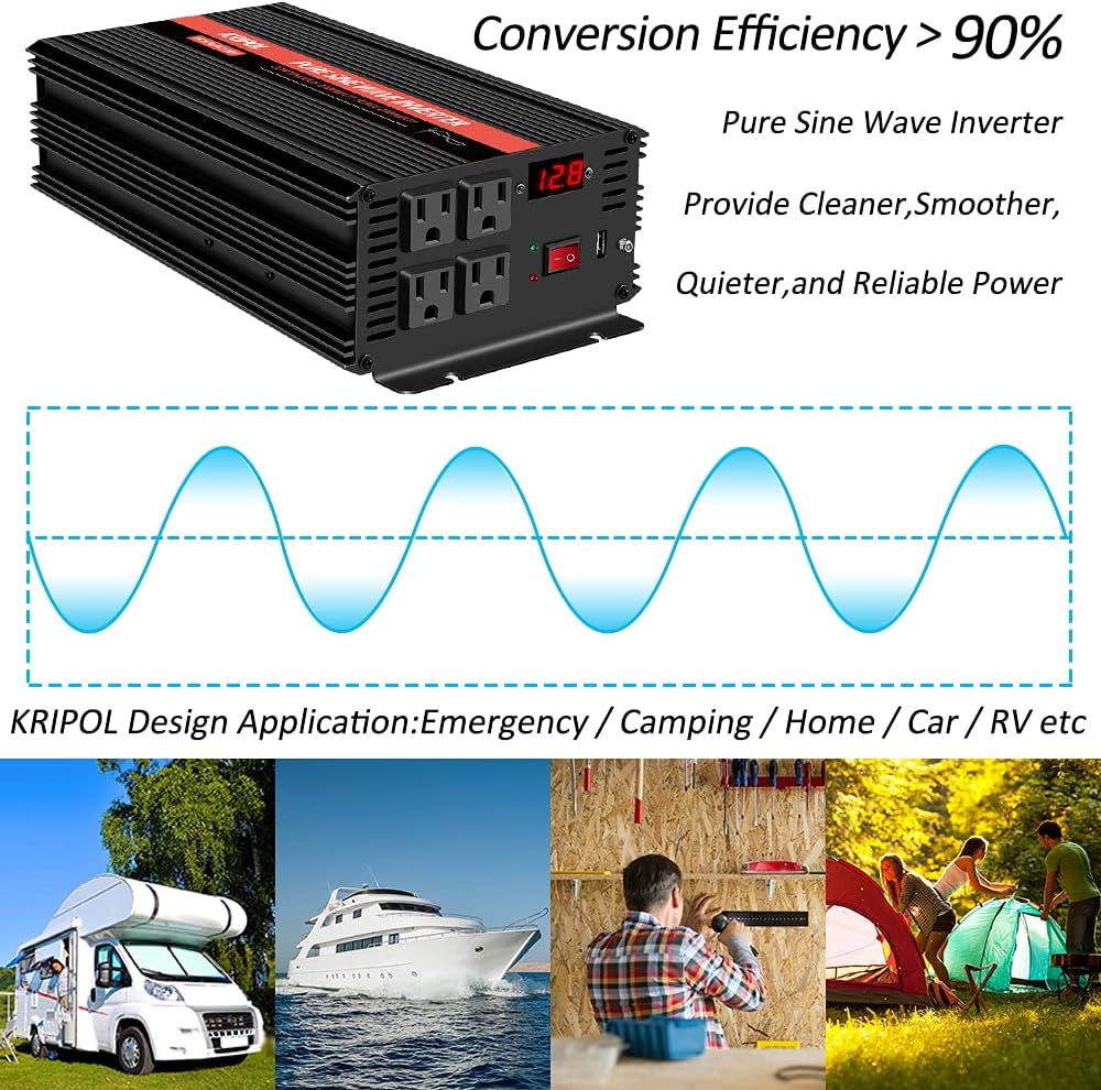 1500 Watt Pure Sine Wave Power Inverter 12V DC to 110V AC 60HZ with 4 AC Outlets and 1 USB Output X38638