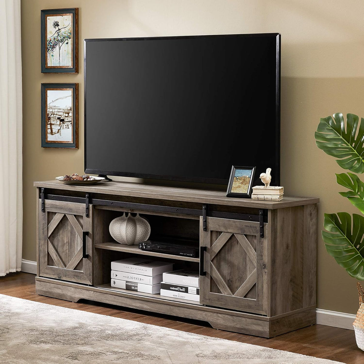 Farmhouse Sliding Barn Door TV Stand, Wood Media Console Table Cabinet 3-Level Adjustable Shelf, Rustic Brown U7281