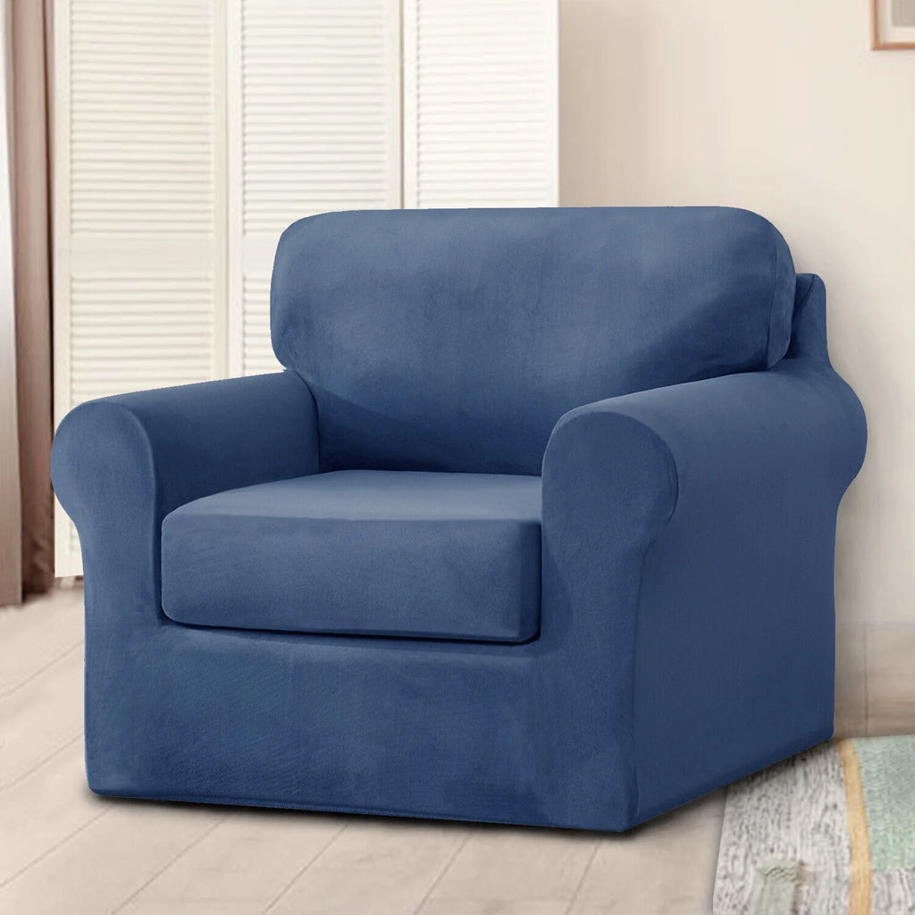 Dark Blue 3 Piece Stretch Velvet Sofa Slipcover O456298