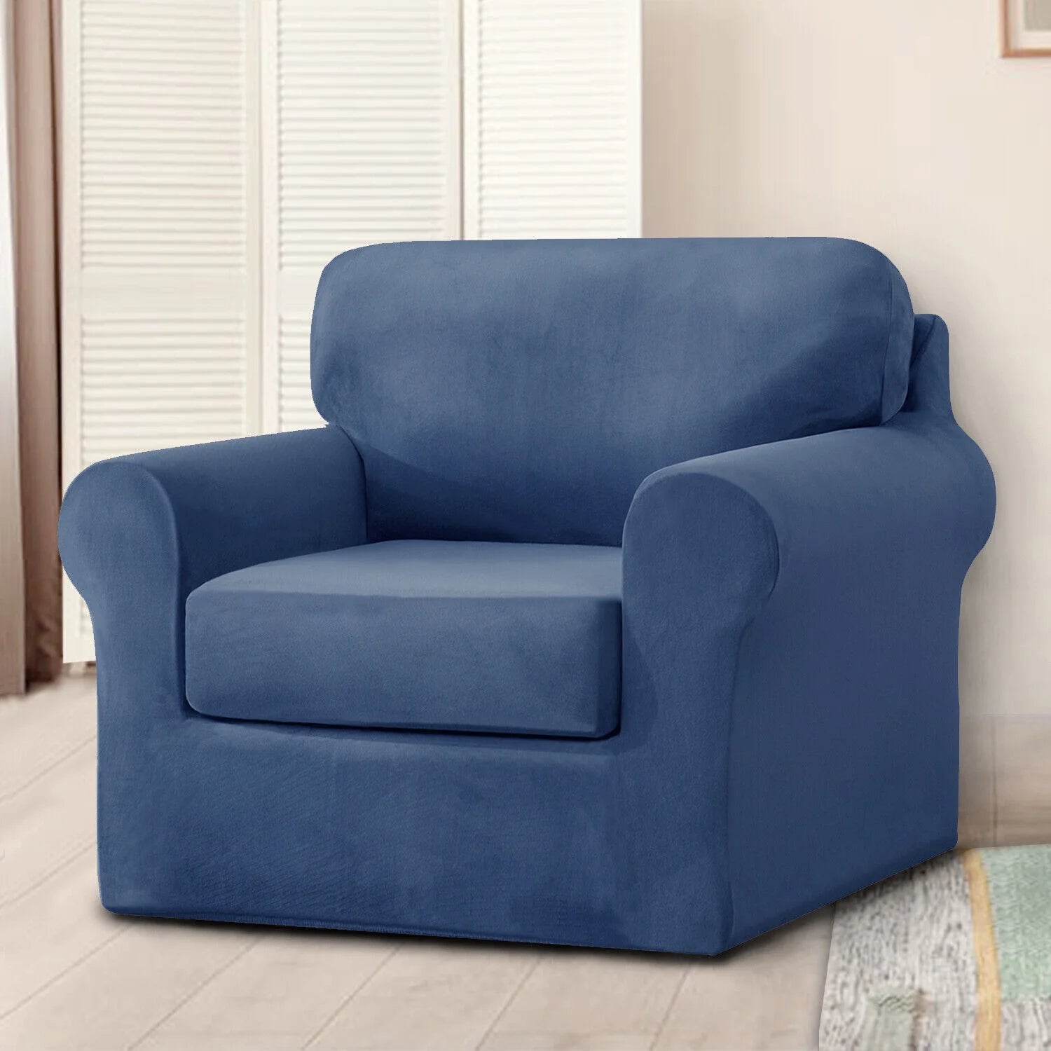 Dark Blue 3 Piece Stretch Velvet Sofa Slipcover O456298