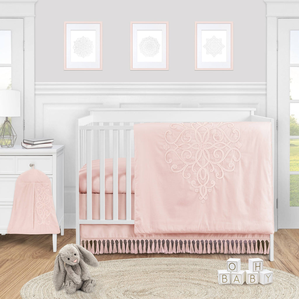 Pink Boho Baby Girl Nursery Crib Bedding Set - 4 Pieces Solid Color Blush J9411