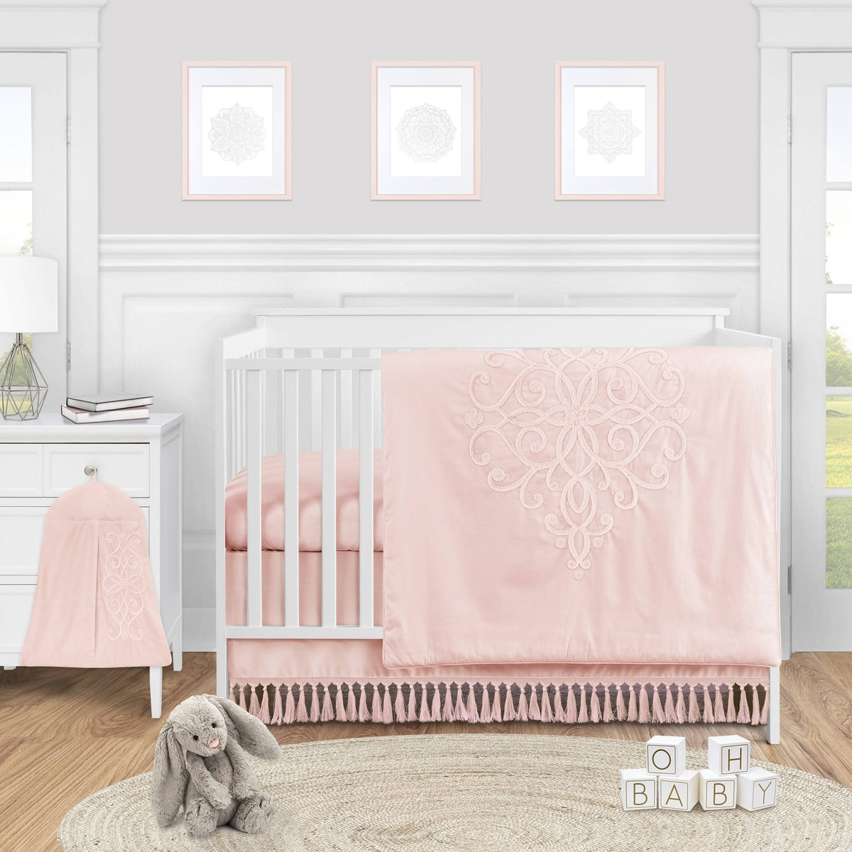 Pink Boho Baby Girl Nursery Crib Bedding Set - 4 Pieces Solid Color Blush J9411